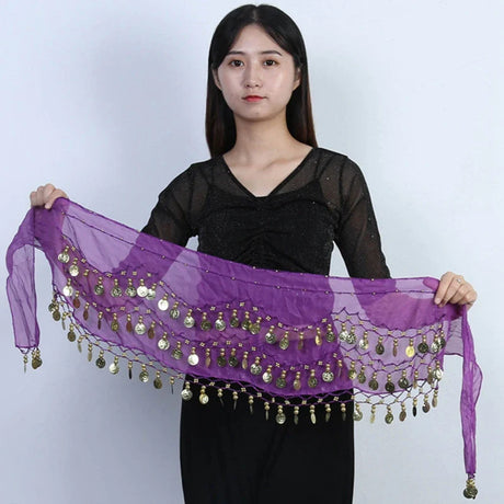 Sexy Women Belly Dance Chiffon Skirt Gold Sequins Waist Chain Tassel Belts Clubwear Indian Dance Practice Performance Hip  Scarf