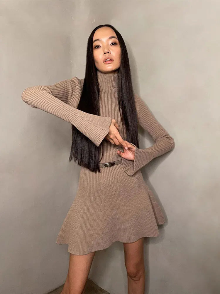 Ribbed Knitted Long Flare Sleeved Mini Dress Half High Collar High Waist Sweater Dresses Women Autumn Fashion Street Vestidos