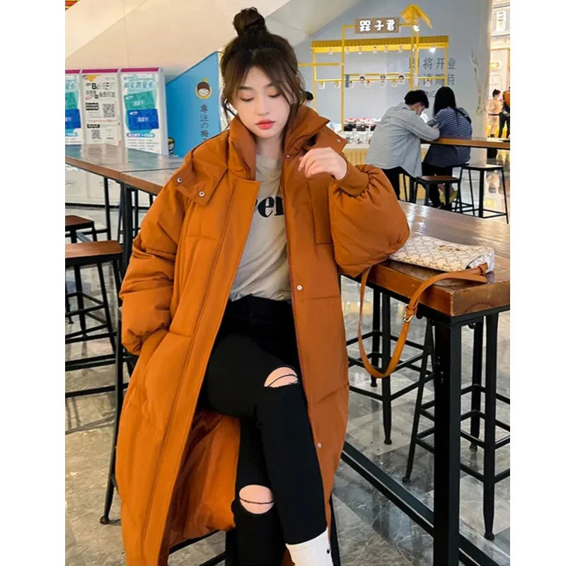 Winter Women Parka 2023 New Long Straight Down Cotton Coat Hooded Korean Loose Puffer Jacket Fashion Female Warm Parkas Outwear