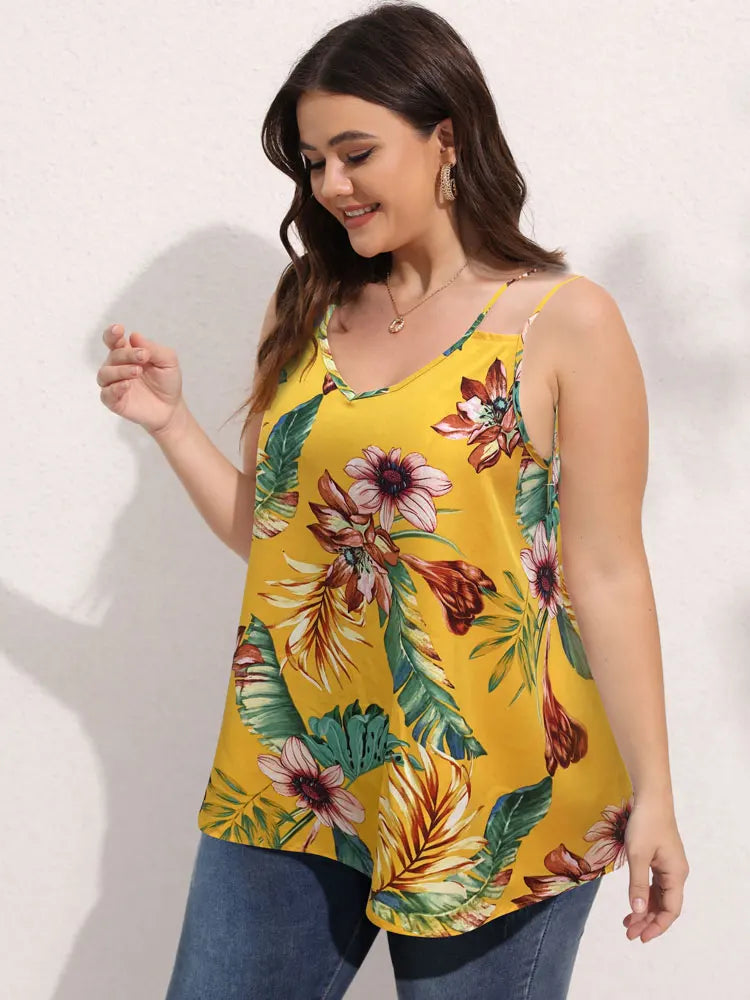 Polyester Plus Size Women's Curvy Print Sunflower Pleated Loose Camis, Cute Summer Bare Shoulder Ladies Tank Tops, Free Shipping