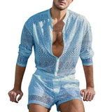 Hollow Out Sexy Lace Suit Fashion Long Sleeve Shirt Casual Shorts Men'S Clothing Suit Solid Color Matching Summer Suit For Male