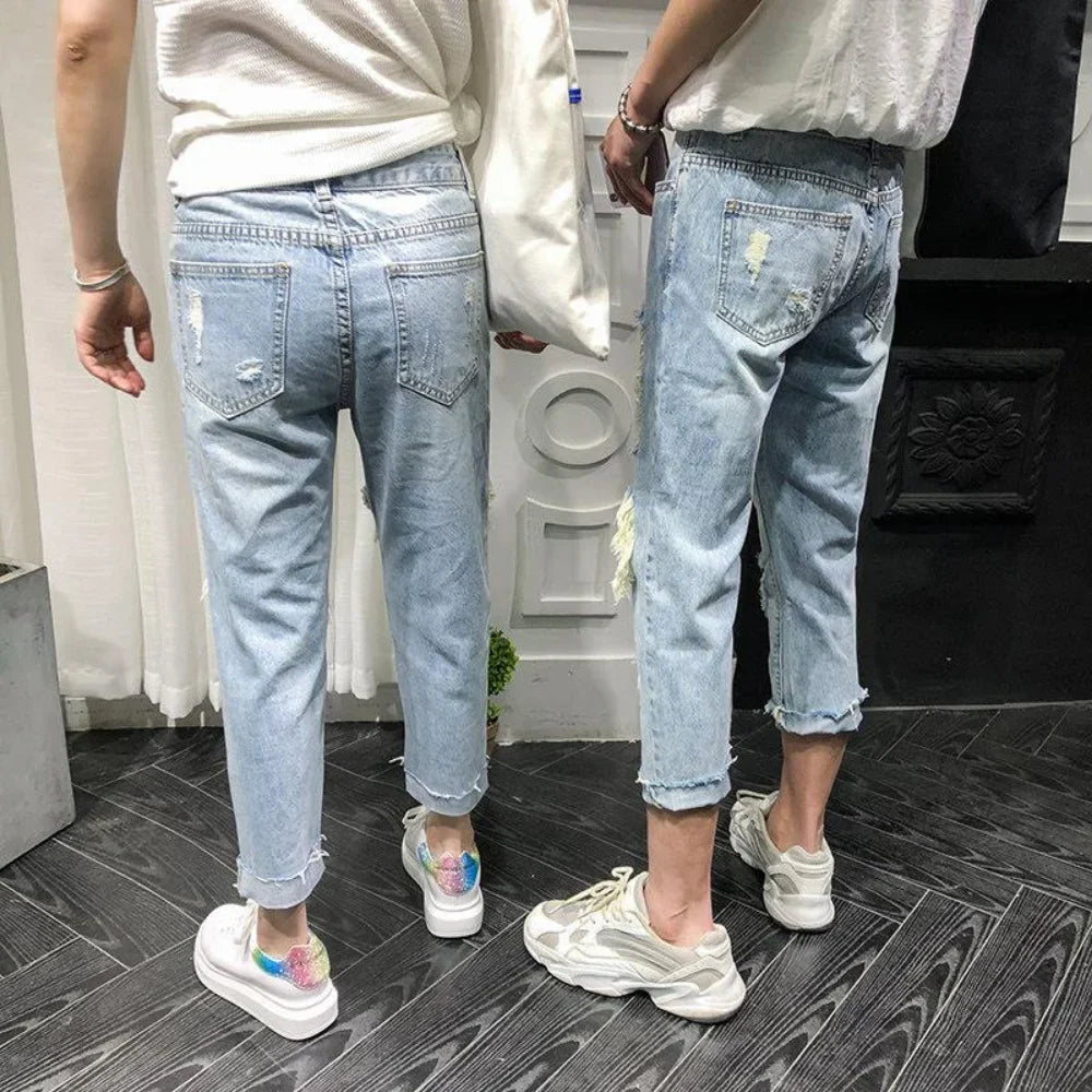 Men Jeans Knee Hole Ripped Stretch Skinny Denim Pants Solid Color  Autumn Summer Hip-Hop Style Slim Fit Trousers 2023 pantalones