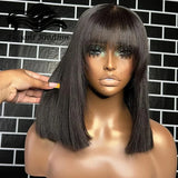 Short Bob Wig With Bangs Brazilian Remy Human Hair Wigs Full Machine Lace Realistic Scalp Glueless Straight Bob Wig With Bangs