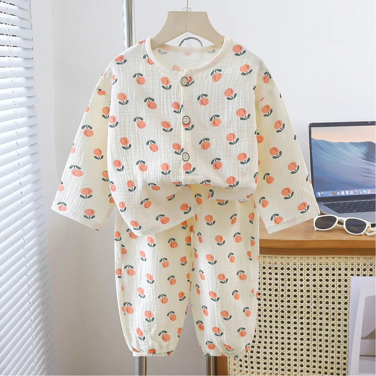 Kids Summer Thin Pajamas Sets New 2023 Boys Girls Cartoon Three-quarter Sleeve Cotton Yarn Shirts with Pants Baby Loungewear