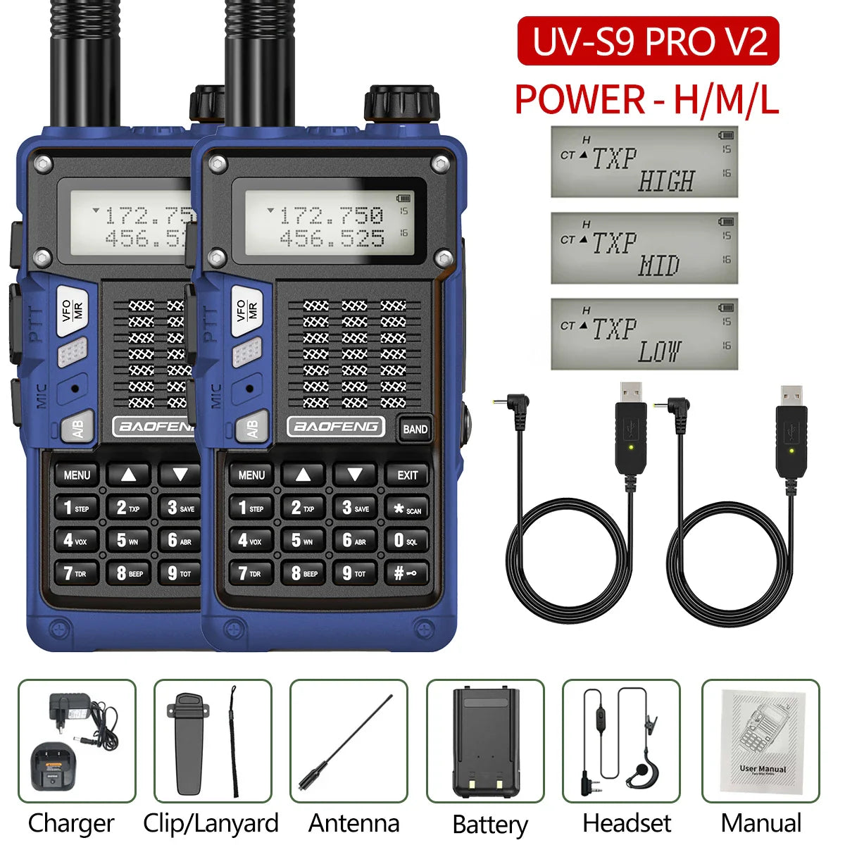 2PCS BaoFeng UV-S9 Pro V2 Walkie Talkie 10KM Long Range Transceiver Communicator Waterproof 10W Powerful UHF VHF Two Way Radio