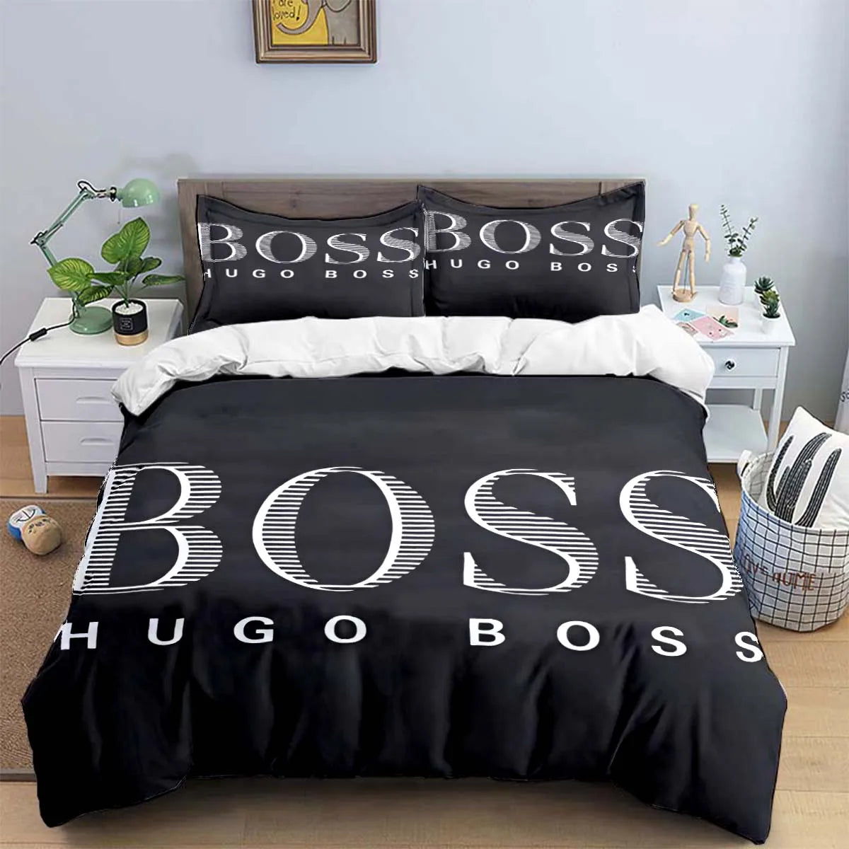 H-Hugo Boss Logo Print Bedding Sets Exquisite Bed Supplies Set Duvet Cover Bed Comforter Set Bedding Set Luxury Birthday Gift