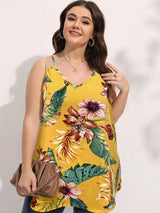 Polyester Plus Size Women's Curvy Print Sunflower Pleated Loose Camis, Cute Summer Bare Shoulder Ladies Tank Tops, Free Shipping