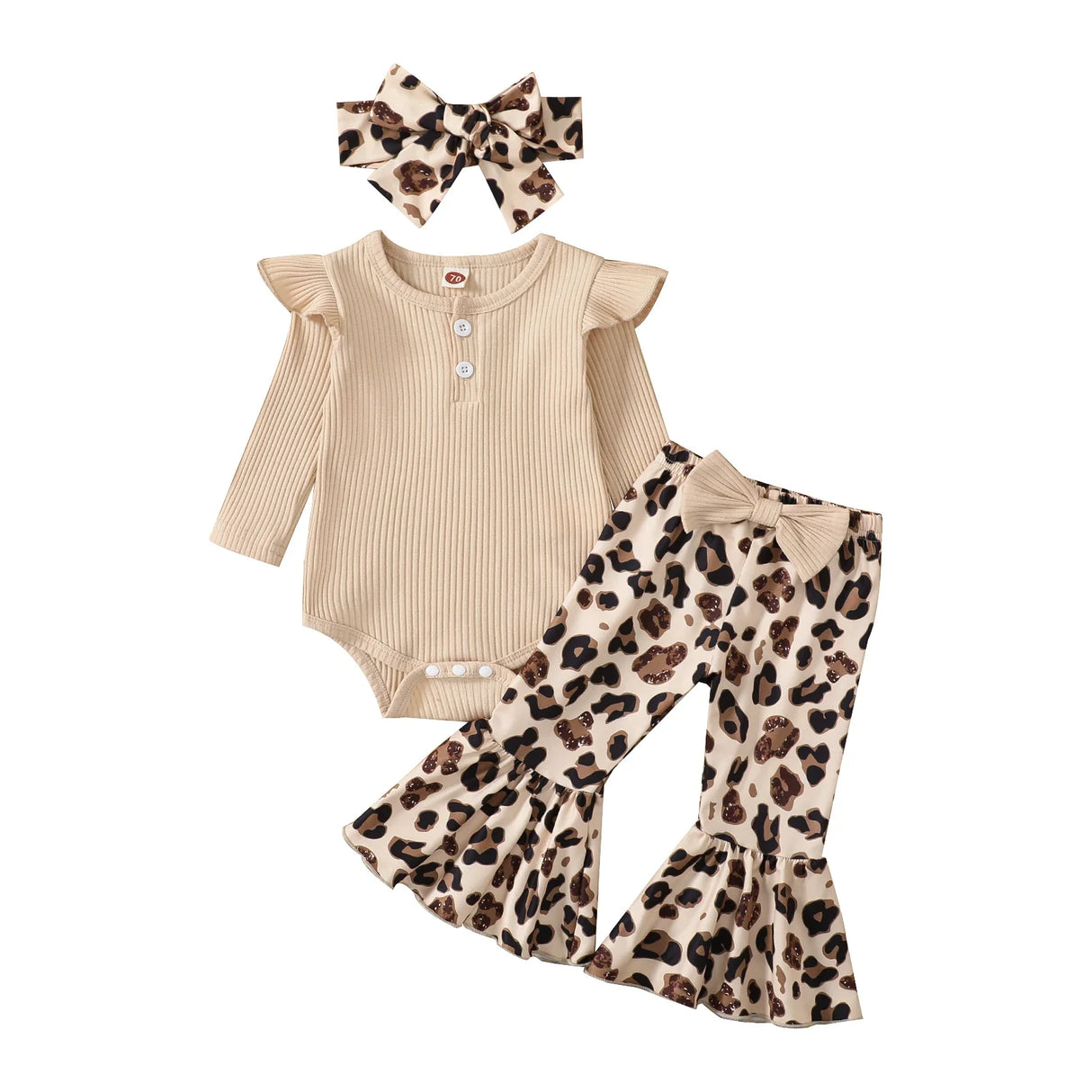 Citgeett Autumn Infant Baby Girls Jumpsuit Solid Color Ribbed Fly Sleeve Romper + Leopard Flare Pants Spring Clothes