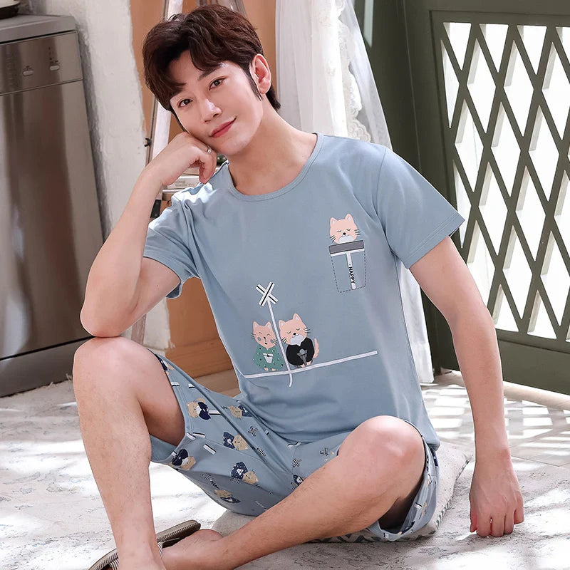 Cartoon Mens Nightwear Summer Comfortable Sleepwear Sleeping Tops Shorts 2 Pieces Pijamas Set Man Leisure Homewear Male Dropship