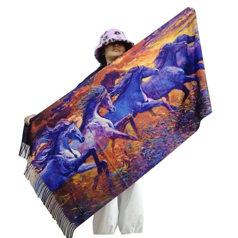 Van Gogh's Oil Painting Cashmere Scarf Women Winter Coffee House Print Wool Shawls and Wraps Ladies Cape Blanket Scarves New