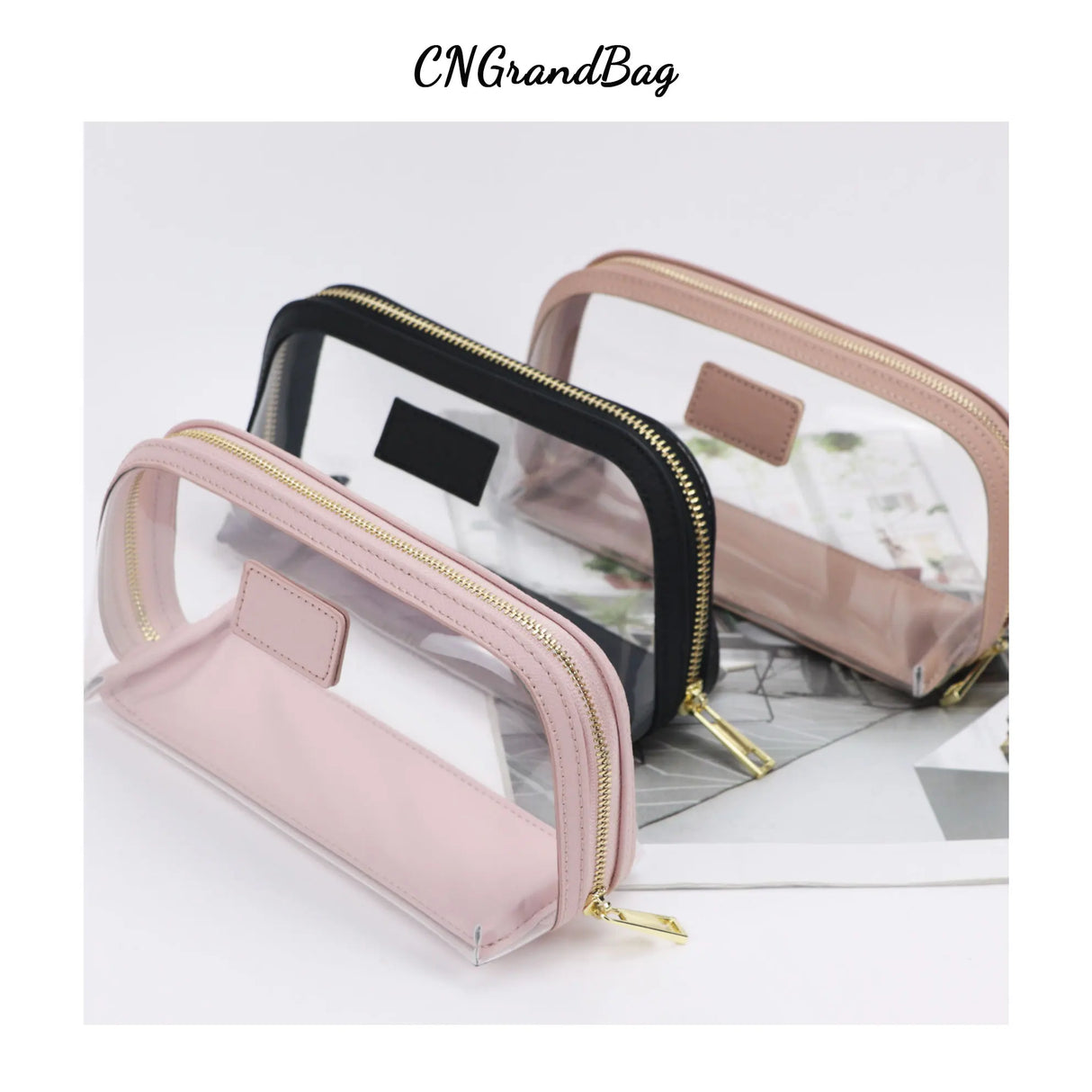 Custom Genuine Leather Travel Cosmetic Bag Set Waterproof Makeup Brush Storage Bag Portable Transparent PVC TPU Cosmetic Bag