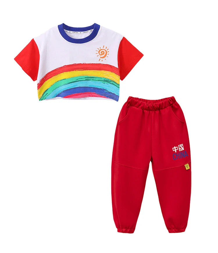 Kids Hip Hop Rainbow Striped Top Street Dance Skirts Boys Sweatshirt Joggers Pants Jazz Clothes Sets Children Girls Streetwear