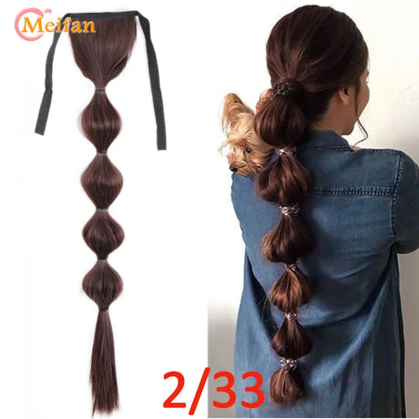 MEIFAN Synthetic Long Hair Lantern Bubble Ponytail Clip in Drawstring Brown Bubble Braids Natural Fake Pony Tail Hair Extensions