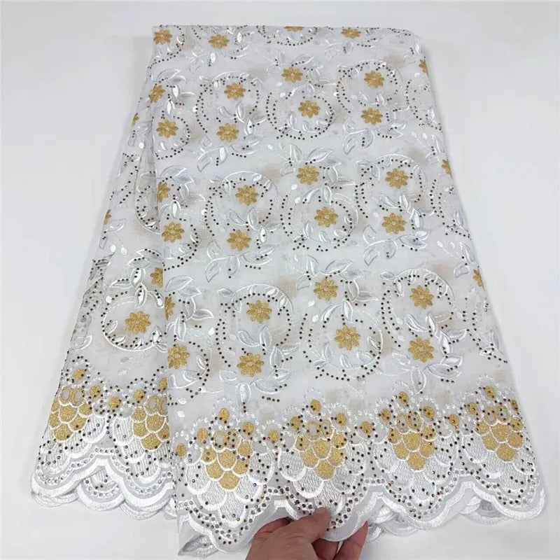 5 Yard Dry Lace Fabric Latest Heavy Beaded Embroidery African 100% Cotton Swiss Voile Popular Dubai Style For Party Wedding 9L23