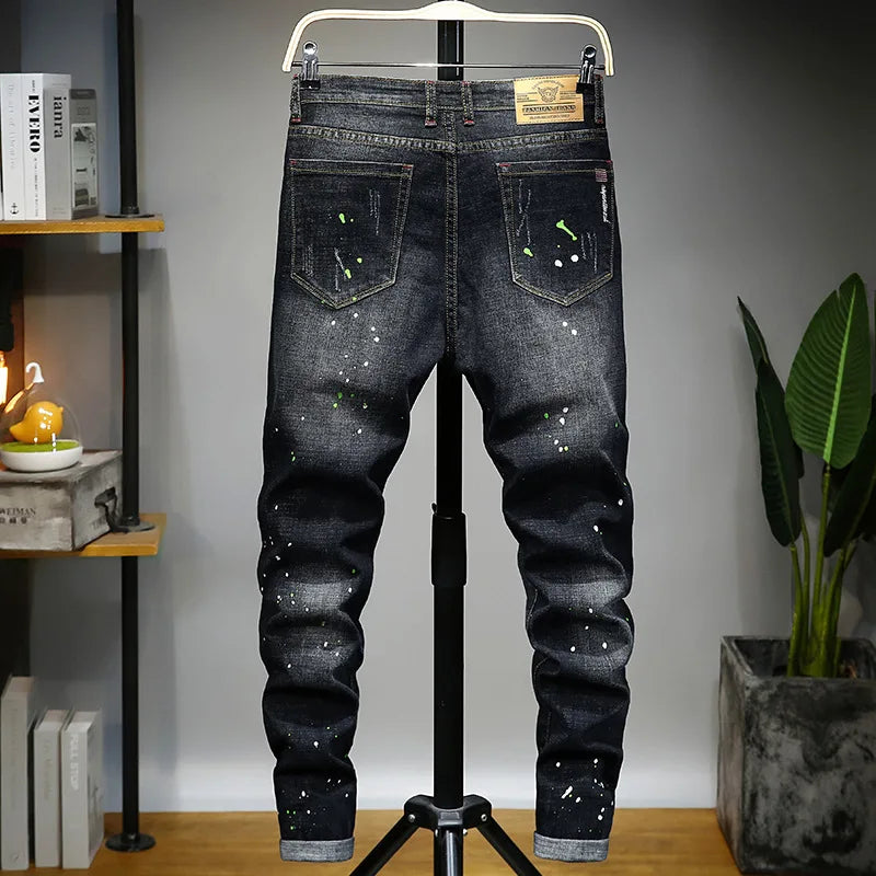 Ripped Denim Luxury Designer Slim Jeans Men's Washed Tapered Brushed Motorcycle Straight Pants Male Black Jean trousers for men