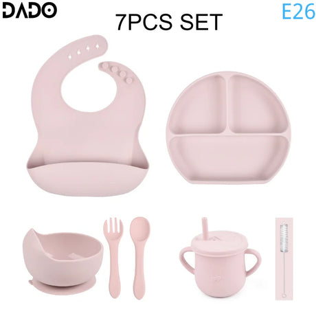 Baby Feeding Set Silicone Suction Bowls Divided Plates Straw Sippy Cup Toddler Self Eating Utensils Dishes Kit Bibs Spoons Fork