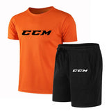 Summer Men's Fitness Fashion Men's Casual Sportswear Suit Quick Drying Sports Suit CCM Short Sleeve T-Shirt + Shorts 2 Piece Set