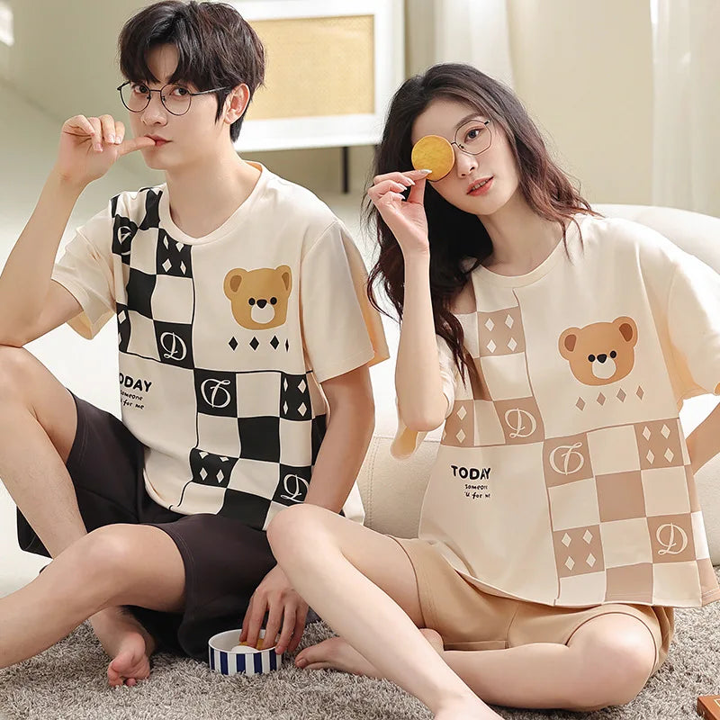 Summer 3XL Short Pajama Sets Couples Short Pants Cartoon Bear Sleepwear Women's Pajamas Lounge Men Home Pijama Mujer Hombre