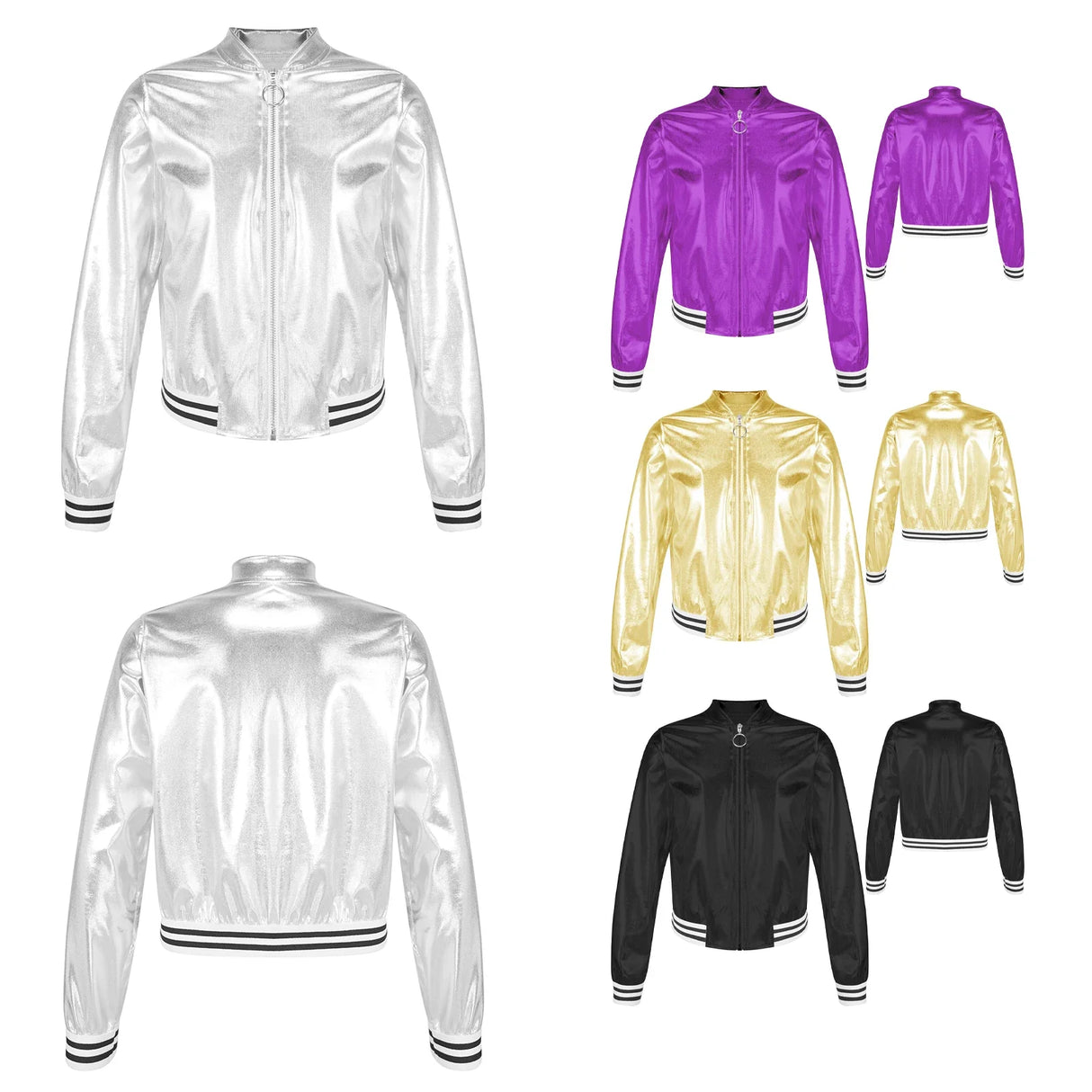 Kids Girls Shiny Baseball Jacket Bolero Disco Blazer Street Dance Wear Long Sleeve Metallic Zipper Bomber Coat Outerwear