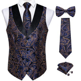 Brand Suit Vest Set For Men Luxury Silk Black Gold Paisley Dress Vest Tie Cufflinks Handkerchief Set Male Sleeveless Waistcoat