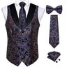 Brand Suit Vest Set For Men Luxury Silk Black Gold Paisley Dress Vest Tie Cufflinks Handkerchief Set Male Sleeveless Waistcoat