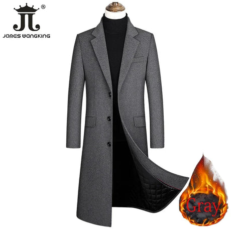 2024 Autumn and Winter Boutique Woolen Black Gray Classic Solid Color Thick Warm Men's Extra Long Wool Trench Coat Male Jacket