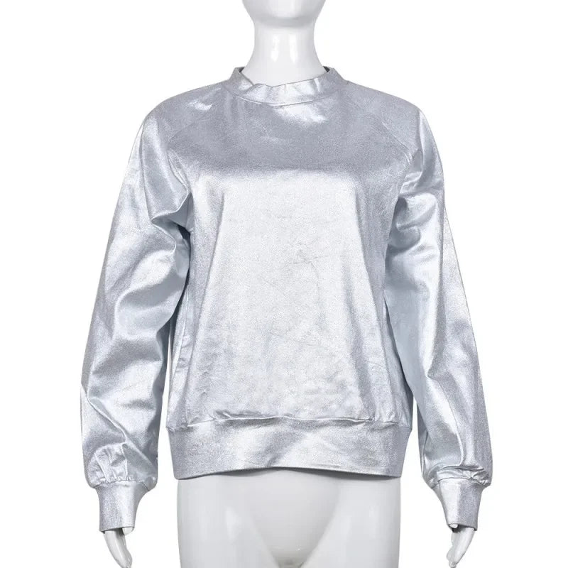 Silver Metallic PU Sweatshirt For Women Long Sleeve Grunge Shiny Tops High Street Punk Glitter Autumn Hoodies Outfit