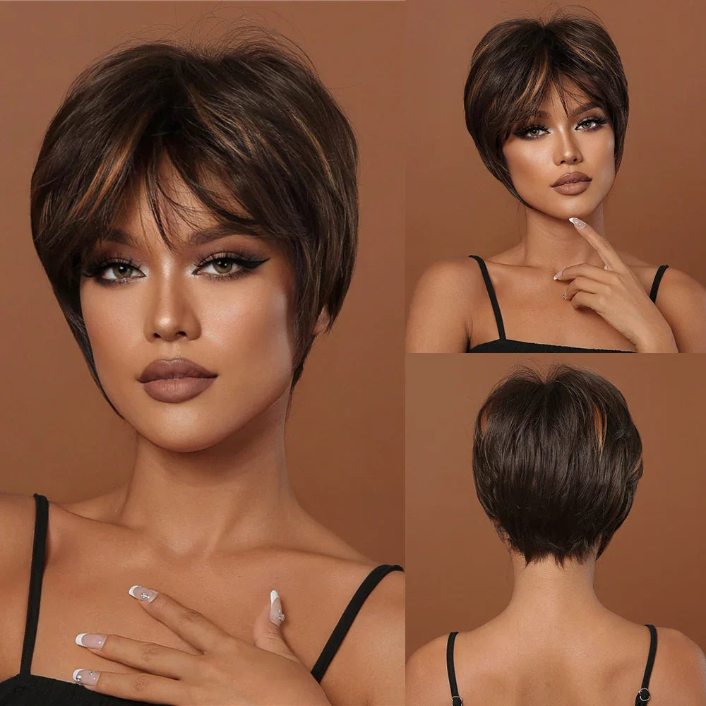 Short Pixie Cut Wig with Highlight Straight Chocolate Brown Synthetic Wig for Black Women Cosplay Daily Heat Resistant Hair Wigs