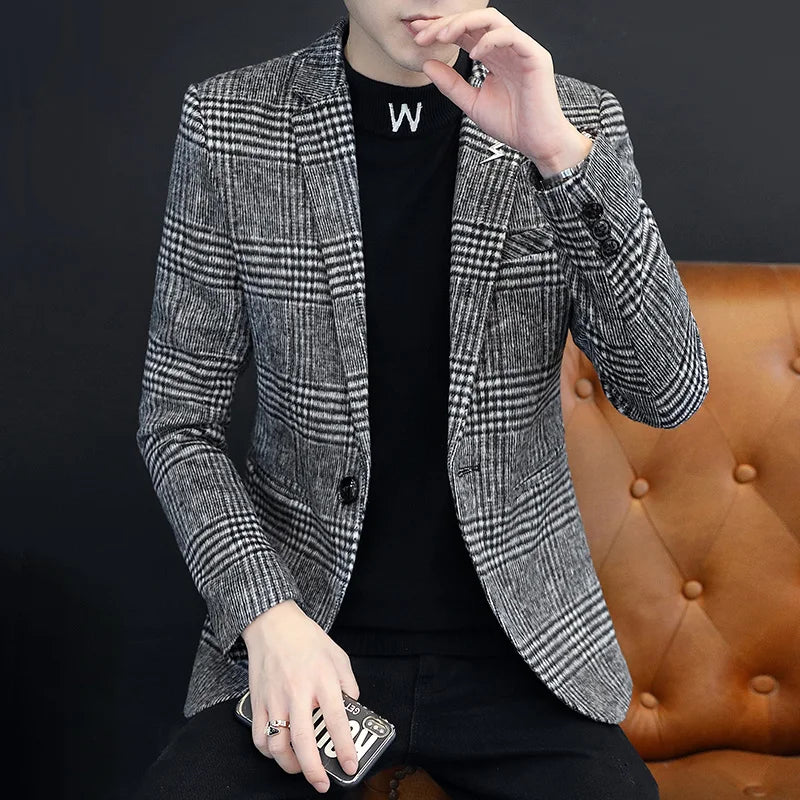 The new autumn and winter Korean version of the fashion grid single west coat comfortable business leisure suit men