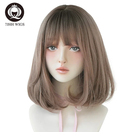 7JHH WIGS Black Short Bob Wig for Girl Daily Wear Synthetic Wig New Style Natural Supple Summer  Heatresistant Wig With Bangs