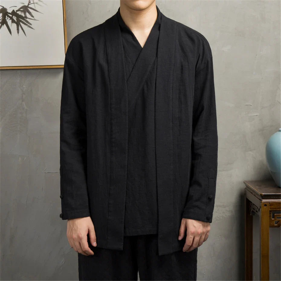 Linen Shirt Jacket Men Spring Autumn Two-layer Shirt Vintage Chinese Style Long Sleeve Shirts Male