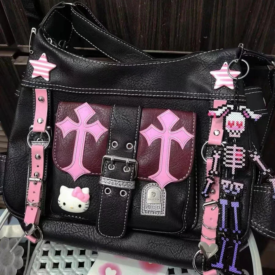 Sanrio Hello Kitty Gothic Girl Retro Women Crossbody Bag Hot Girls Black Pink Contrast Fashion Handheld Leather Bag Holiday Gift