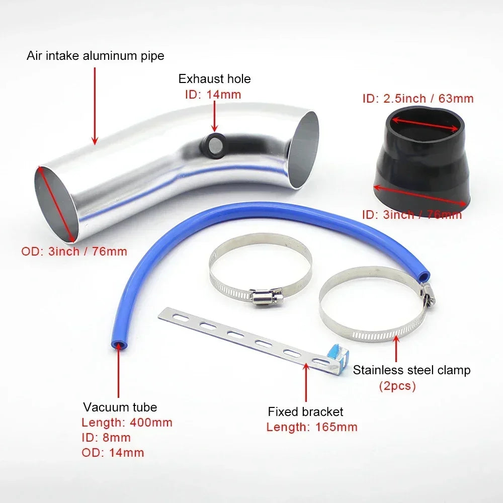 Universal 76mm Car Racing Cold Air Intake System Turbo Induction Pipe Tube Kit Aluminum With Cone Air Filter Inlet