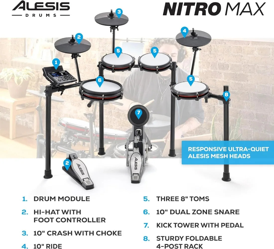 Alesis Nitro Max Kit Electric Drum Set with Quiet Mesh Pads, 10" Dual Zone Snare, Bluetooth, 440+ Authentic Sounds, Drumeo