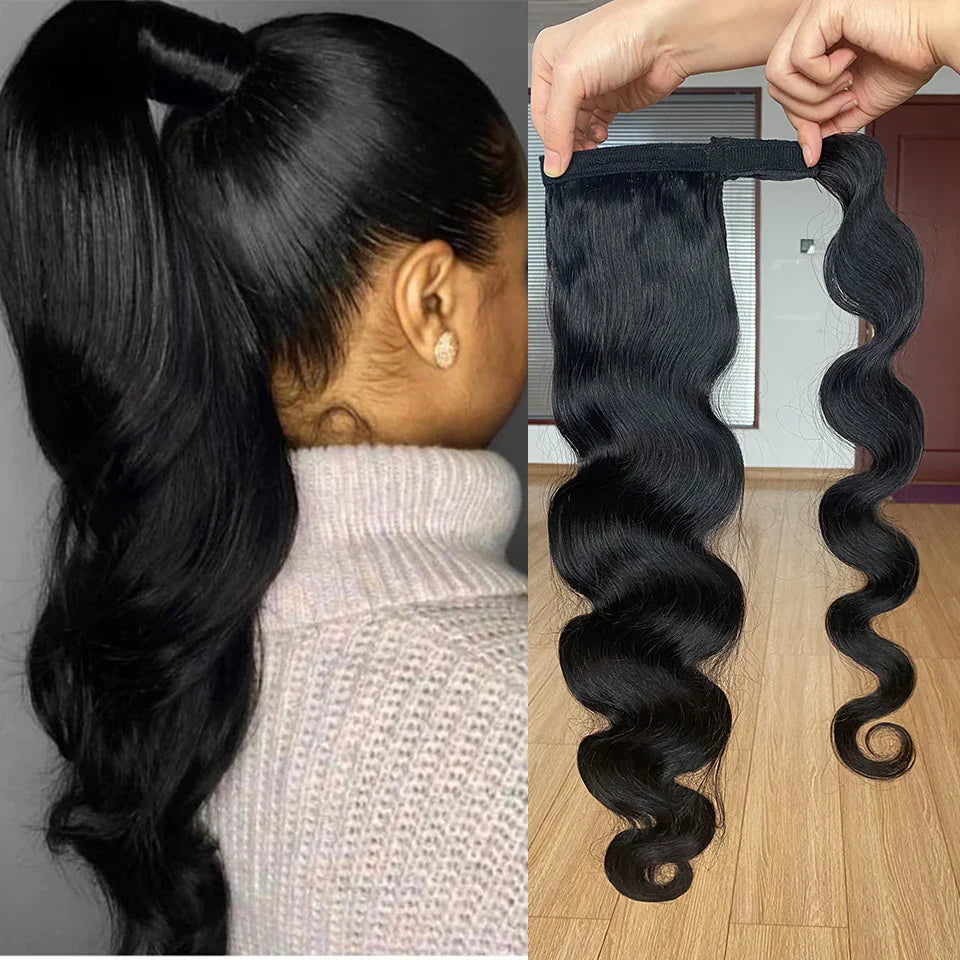 Body Wave Ponytail Human Hair Extension 120g Wrap Around Clip In Ponytail Natural Black  #1B 14-26 Inch High Quality For Women