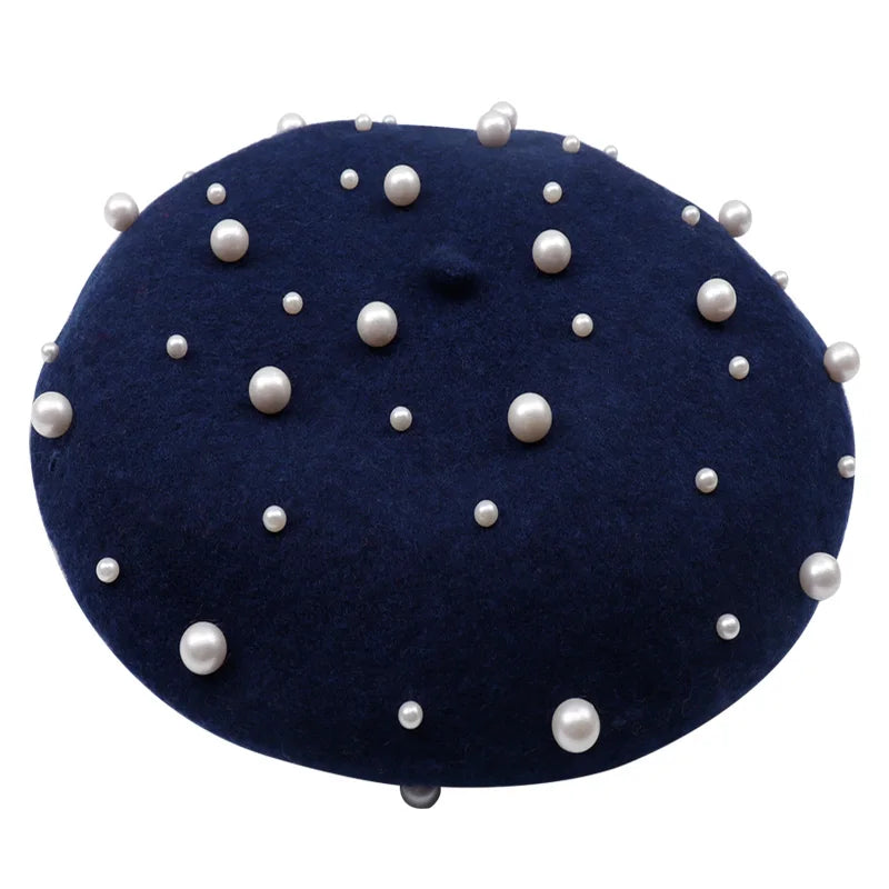 Winter Hat Knitted Wool Beret Bonnet Female French Winter Warm Pearl Berets Caps For Women Beading Ski Boina Painter Gorras