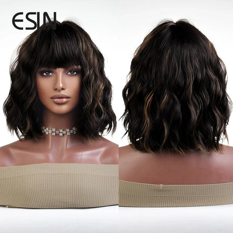 ESIN Synthetic Black Brown Medium Long Loose Body Wave Wig with Bangs Cosplay Daily Natural Wigs for Women Heat-resistant Hair