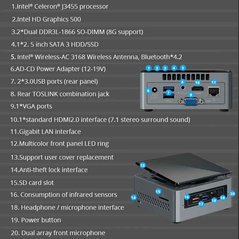 Intel NUC6CAYH Celeron J3455 Mini PC Dual DDR3L Window 10 Pro Wifi Bluetooth 4K Office Homes Mini Desktop Computers Barebone