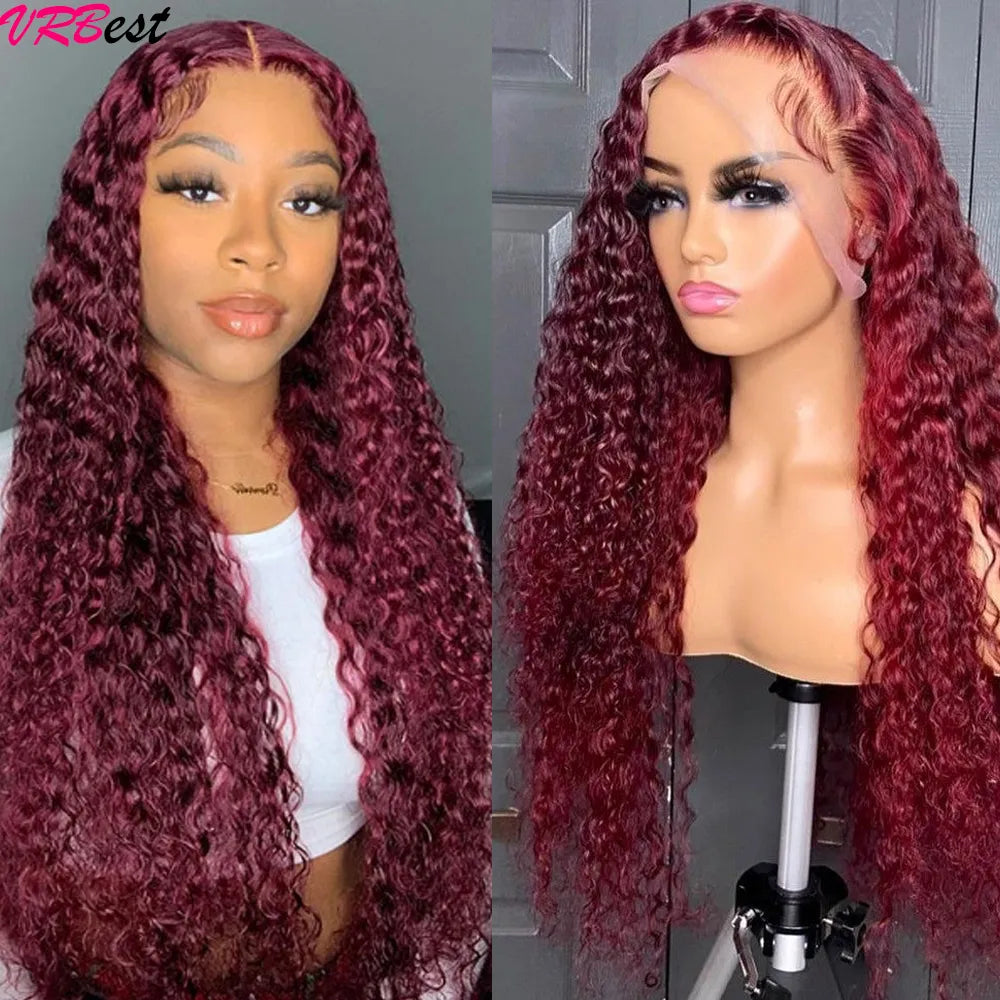 99J Colored Lace Front Human Hair Wigs Deep Wave Burgundy 13x4 HD Transparent Full Lace Frontal Wig Glueless Curly Wig For Women