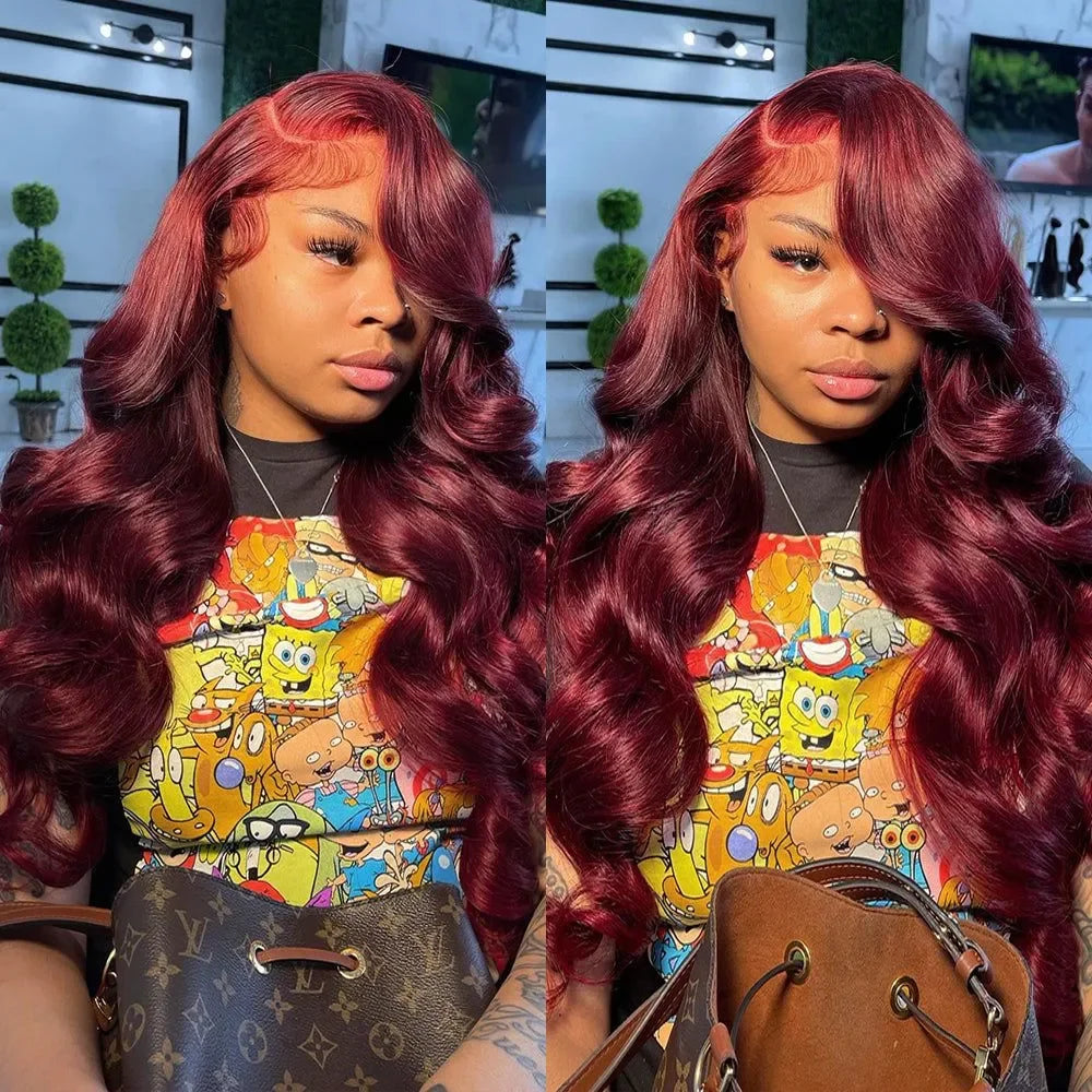 Rosabeauty 250 Density 99J Burgundy 13x4 13X6 HD Body Wave Lace Front Human Hair Wigs 40 Inch Red Colored Frontal Wig for Women