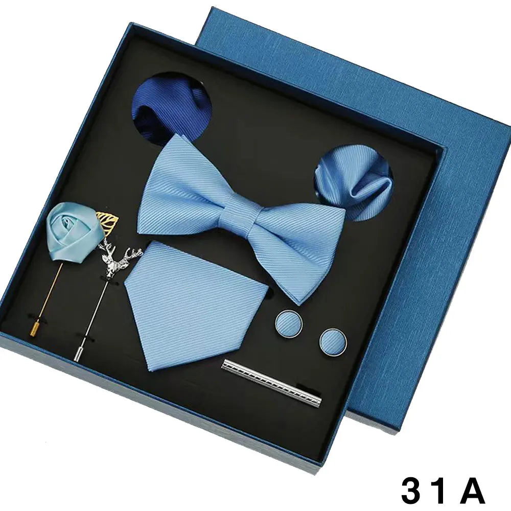 8pcs Luxury Mens Ties Set In Gift Box 100% Silk Neck Tie With Festive Wedding Bowtie Pocket Squares Cufflinks Clip Brooches Suit