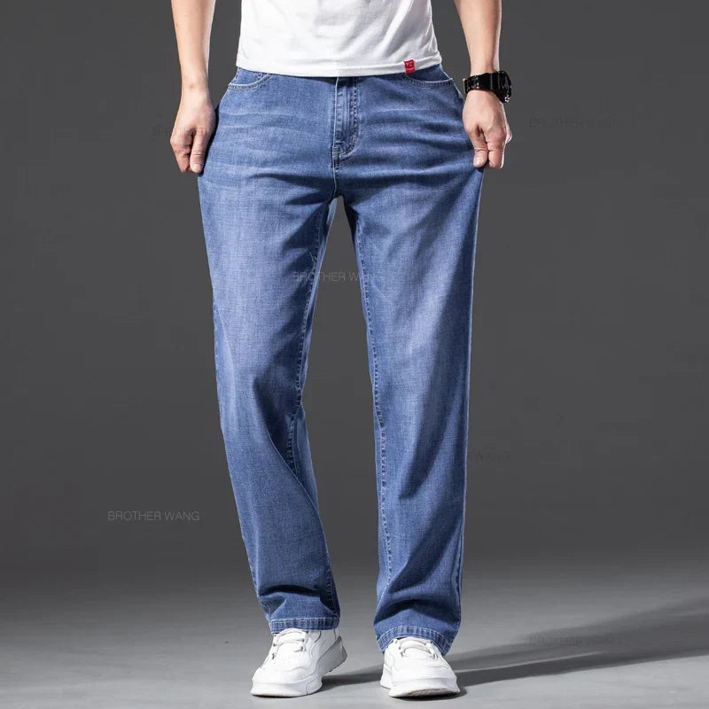 Summer Men's Thin Loose Jeans Classic Straight Gray Blue Business Casual Elasticity Cotton Denim Trousers Plus Size 42 44 46