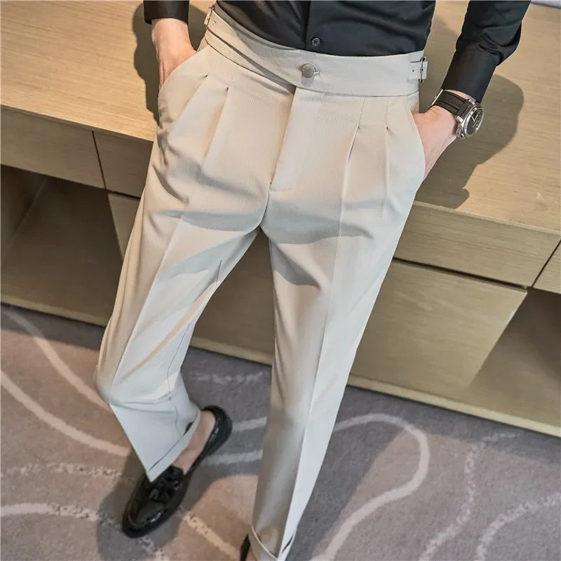 British Style Men High Waist Dress Pants 2023 Autumn Solid Color Casual Trousers Slim Fit Formal Suit Pants Fashion Men Clothing