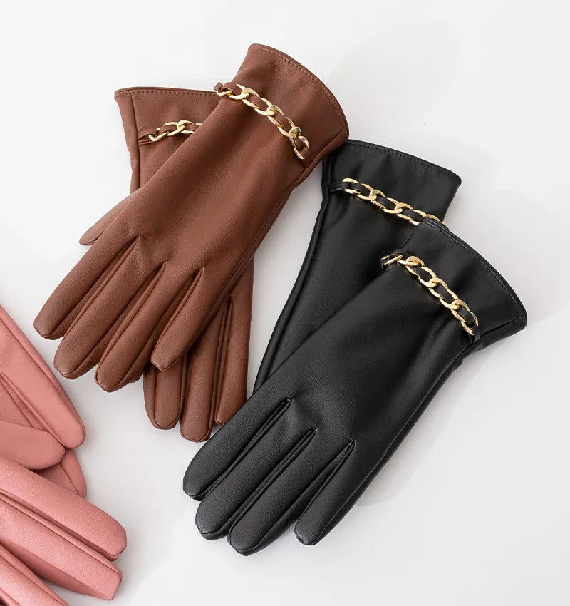 Fashion Chain Women' PU Leather Gloves Winter Warm Plus Velvet Thicken Full Finger Outdoor Riding Touch Screen Driving Mittens