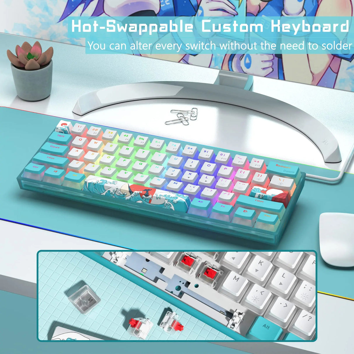 Womier WK61 Mechanical Keyboard RGB Wired Gaming Keyboard Hot-Swappable Blue Sea Theme with PBT Keycaps for Windows PC Gamers