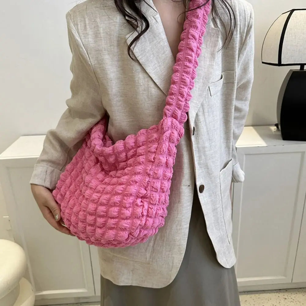 Plaid Quilted Shoulder Bag Cute Pleated Bubbles Solid Color Tote Bag Large Capacity Embroidered Satchel Bags Women