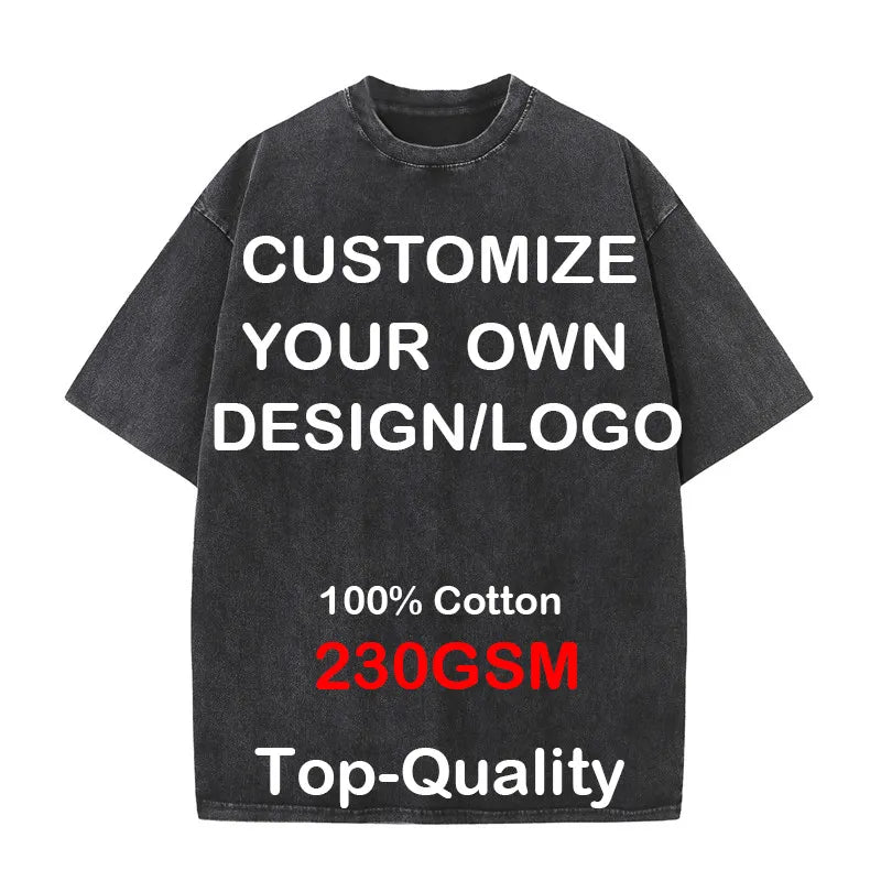 Custom Your LOGO Hip Hop Streetwear Men 100% Cotton T-shirts Oversized Washed Top Tee Unisex Summer Retro Brand Personalized