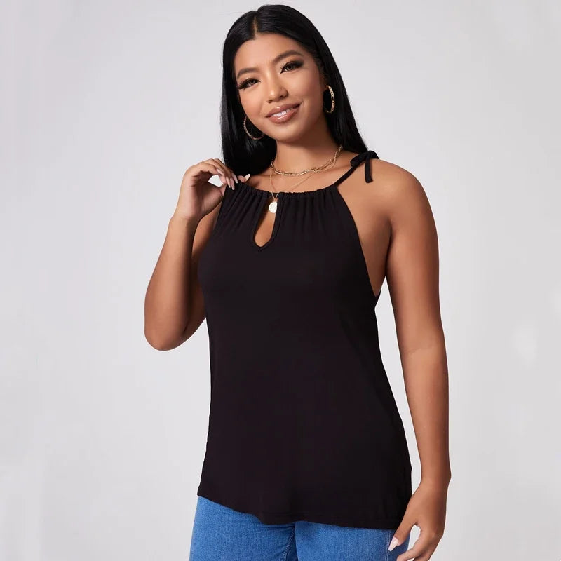 Plus Size Sexy Hater Neck Summer Casual Top Women Tie Detail Keyhole Front Work Office Tank Female Large Size Beach Cami 6XL 7XL