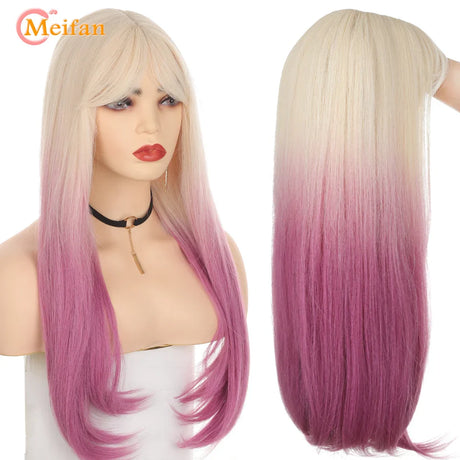 MEIFAN Synthetic Long Straight Lolita Wig with Bangs Wig Girl Cute Mixed Black Red Blonde Cosplay Party Halloween Harajuku Wig