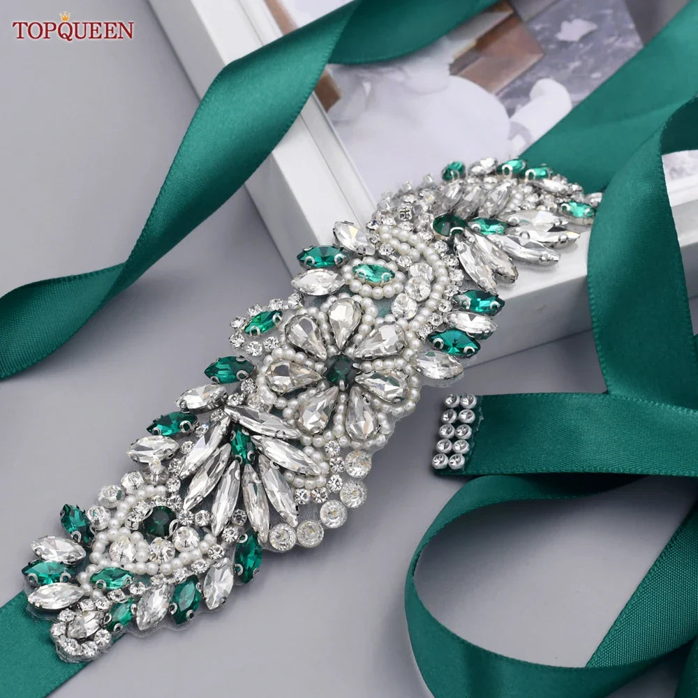 TOPQUEEN Multiple Styles Green Belt With Diamonds Bridal Wedding Accessories Rhinestone Women'S Dresses Evening Girdles S30